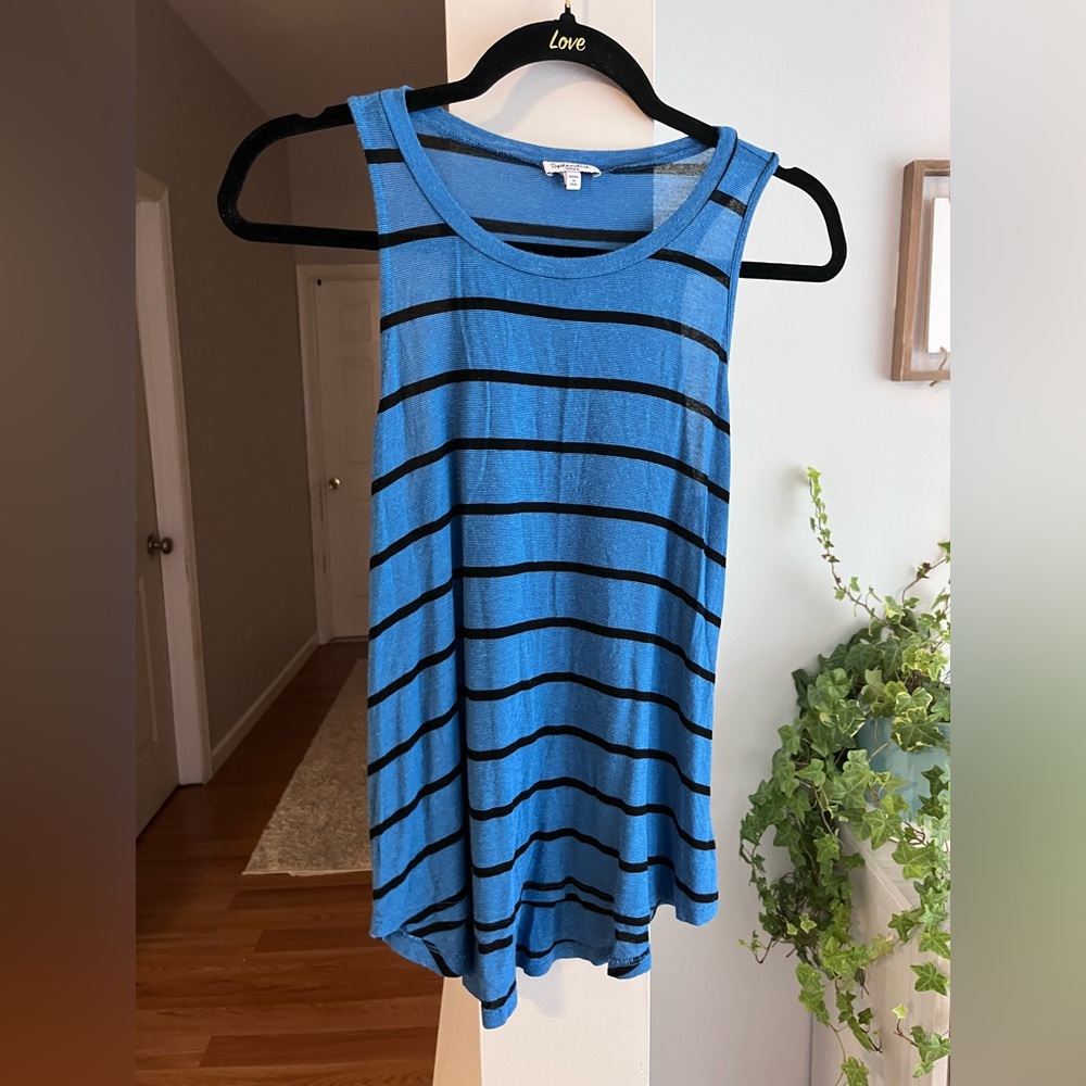 SPLENDID Blue With Black Stripes Crew Neck Tank Top